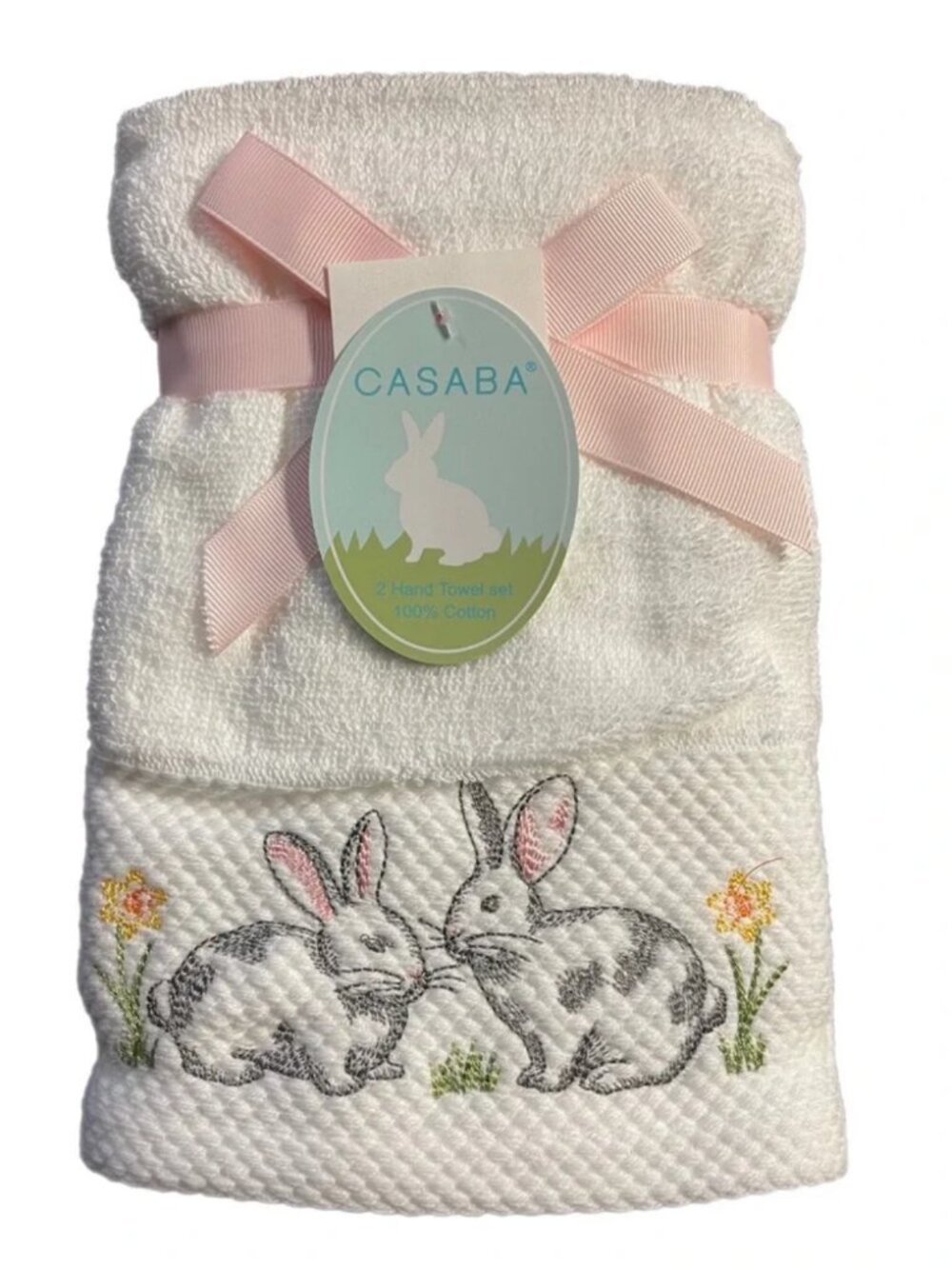 Casaba Cotton Bunny-&-Floral Embroidered Hand Towels Set | Kitchen & Bath